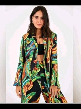 Farm Rio Preta Banana Linen Blazer Black Multi Outerwear L